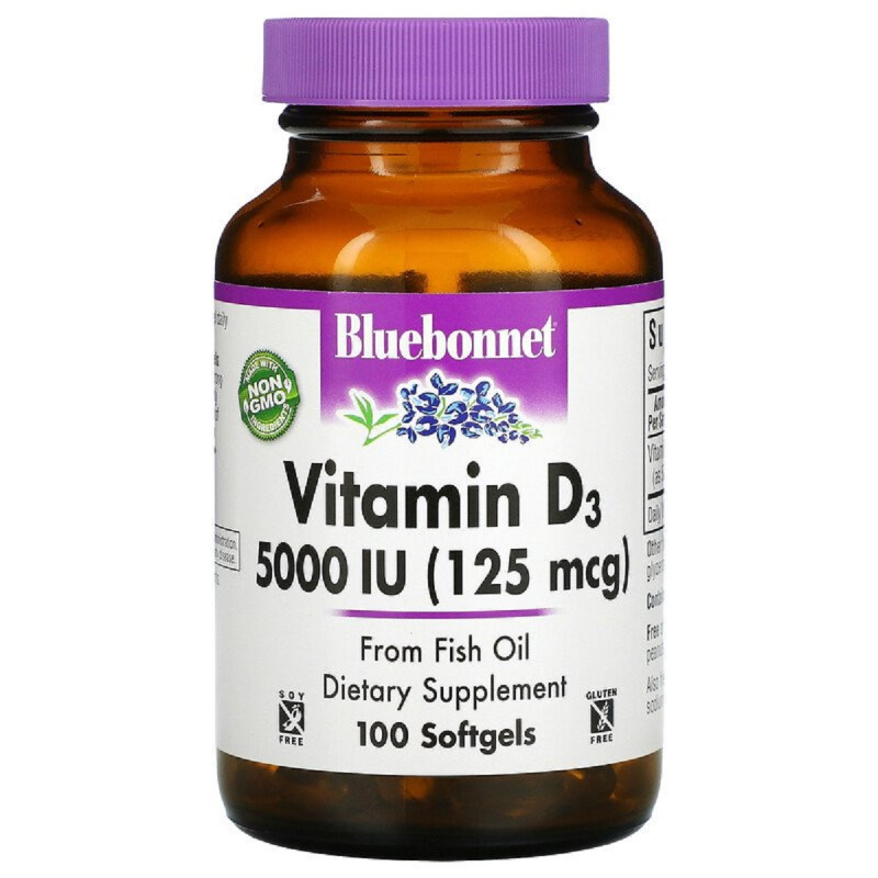 Витамин D3 5000 МЕ (125 мкг), Vitamin D3, Bluebonnet Nutrition, 100 желатиновых капсул