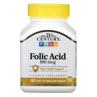УЦІНКА Фолієва кислота, 800 мкг, Folic Acid, 21st Century, 180 таблеток (без головної етикетки)