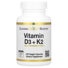 Витамин D3+K2, Vitamin D3 + K2, California Gold Nutrition, 180 вегетарианских капсул