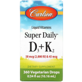 Витамин D3+K2 в каплях, 2000 МО и 45 мкг, Super Daily D3+K2, Carlson, 10.16 мл