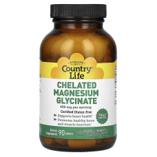 Магній Хелатний гліцинат, 400 мг, Chelated Magnesium Glycinate, Country Life, 90 таблеток (133 мг у таблетці)