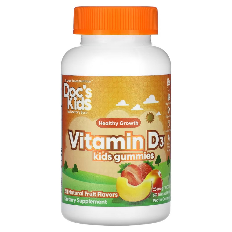 Витамин D3 для детей, 1000 МО, вкус фруктов, Vitamin D3 Kids Gummies, Doctor's Best, 60 жевательных конфет