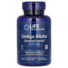 Гинкго Билоба сертифицированный экстракт, 120 мг, Ginkgo Biloba, Certified Extract, Life Extension, 365 вегетарианских капсул