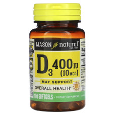 Вітамін D3, 10 мкг (400 МО), Vitamin D3, Mason Natural, 100 гелевих капсул