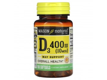 Вітамін D3, 10 мкг (400 МО), Vitamin D3, Mason Natural, 100 гелевих капсул