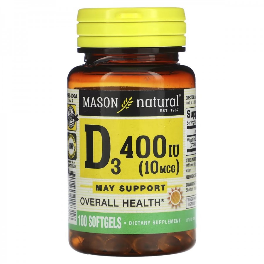 Вітамін D3, 10 мкг (400 МО), Vitamin D3, Mason Natural, 100 гелевих капсул