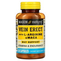 Поддержка мужской силы с L-аргинином и макой, Vein Erect с L-аргинином и макой, Mason Natural, 80 капсул