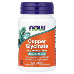 Мідь гліцинат, 3 мг, Copper Glycinate, Now Foods, 120 таблеток
