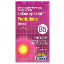 Пантетин, витамин B5, 450 мг, BioCoenzymated, B5, Pantethine, Natural Factors, 60 гелевых капсул