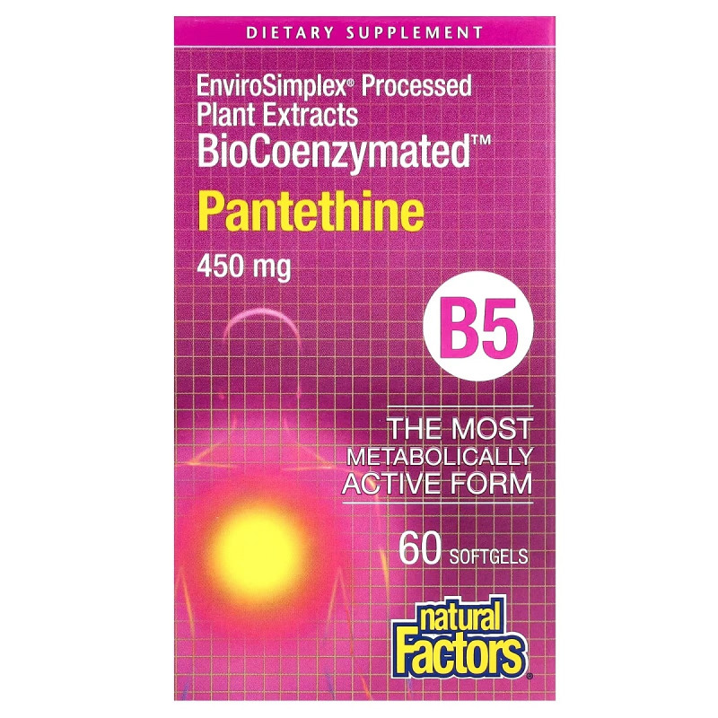 Пантетин, витамин B5, 450 мг, BioCoenzymated, B5, Pantethine, Natural Factors, 60 гелевых капсул