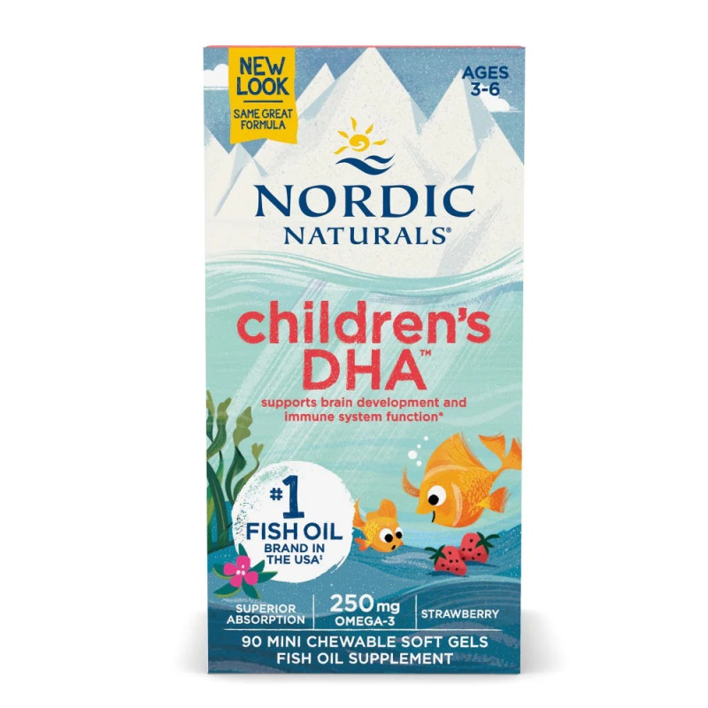 Рыбий жир (DHA) для детей (3-6 лет), 250 мг, Вкус Земляники, Children's DHA, Nordic Naturals, 90 мини-капсул