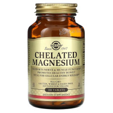 Магний Хелат, 200 мг, Chelated Magnesium, Solgar, 100 таблеток (100 мг в каждой таблетке)