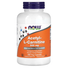 Ацетил карнітин, Acetyl-L-Carnitine, Now Foods, 500 мг, 200 вегетаріанських капсул