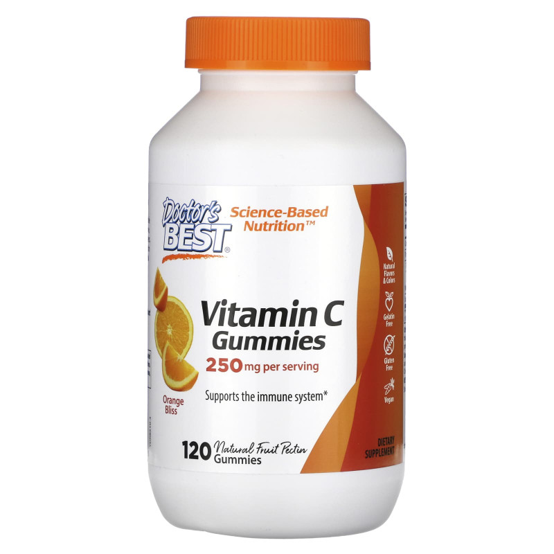 Вітамін C, Vitamin C Gummies, Doctor's Best, 250 мг, зі смаком апельсина, 120 жувальних цукерок