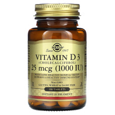 Витамин D3 (холекальциферол), Vitamin D3, Solgar, 25 мкг (1000 МЕ), 180 таблеток