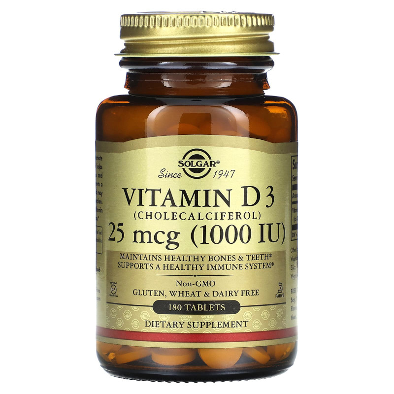 Витамин D3 (холекальциферол), Vitamin D3, Solgar, 25 мкг (1000 МЕ), 180 таблеток