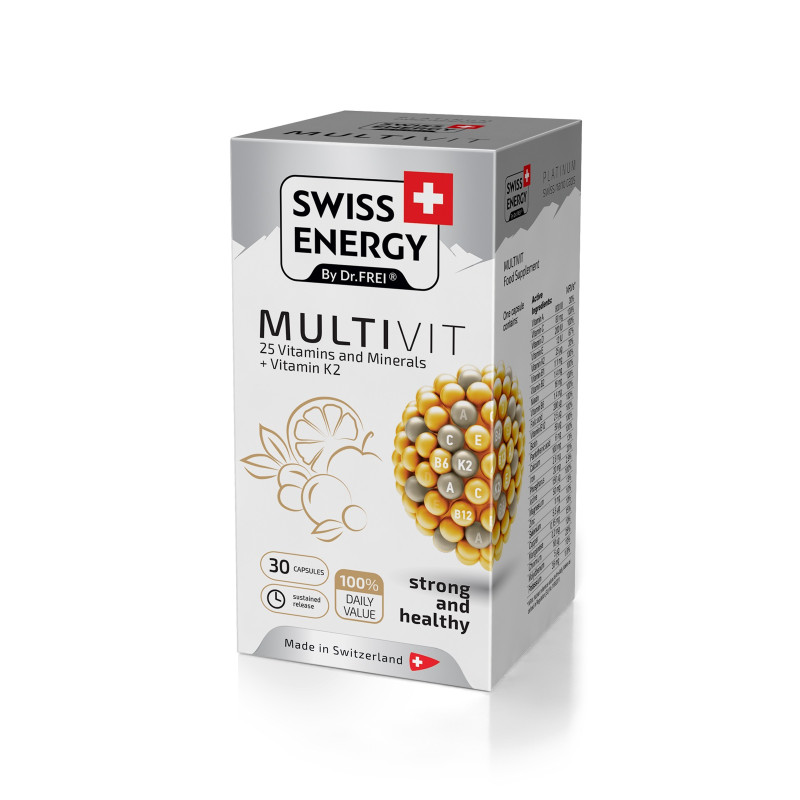 Мультивитамины с витамином К2, MULTIVIT 25 Vitamins and Minerals+Vitamin K2, Swiss Energy, 25 витаминов и минералов, 30 капсул