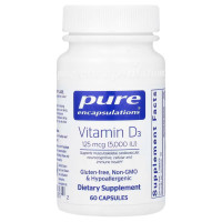 Витамин D3, Vitamin D3, Pure Encapsulations, для поддержки здоровья костей, суставов, груди, простаты, сердца, толстой кишки и иммунитета, 125 мкг (5000 МЕ), 60 капсул