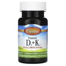Вітамін D3 і К2, Vitamin D3 + K2, Carlson, 30 вегетаріанських капсул