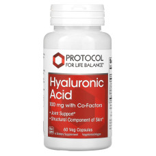 Гиалуроновая кислота, Hyaluronic Acid, Protocol for Life Balance, комплекс, 100 мг, 60 веганских капсул