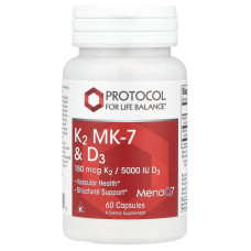 Вітаміни K2 (MK-7) та D3, K2 MK-7 & D3, Protocol for Life Balance, 60 капсул