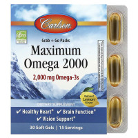 Омега с натуральным вкусом лимона, Maximum Omega 2000, Carlson, 2000 мг, 30 гелевых капсул (1000 мг на гелевую капсулу)