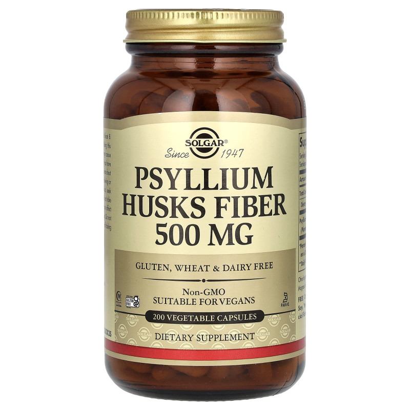 Подорожник, Psyllium Husks Fiber, Solgar, клетчатка шелухи, 500 мг, 200 вегетарианских капсул