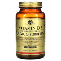 Витамин D3 (холекальциферол), Vitamin D3, Solgar, 25 мкг (1000 МЕ), 250 гелевых капсул