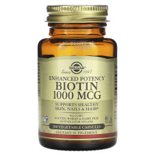 Биотин, Biotin, Solgar, 1000 мкг, повышенной эффективности, 100 вегетарианских капсул