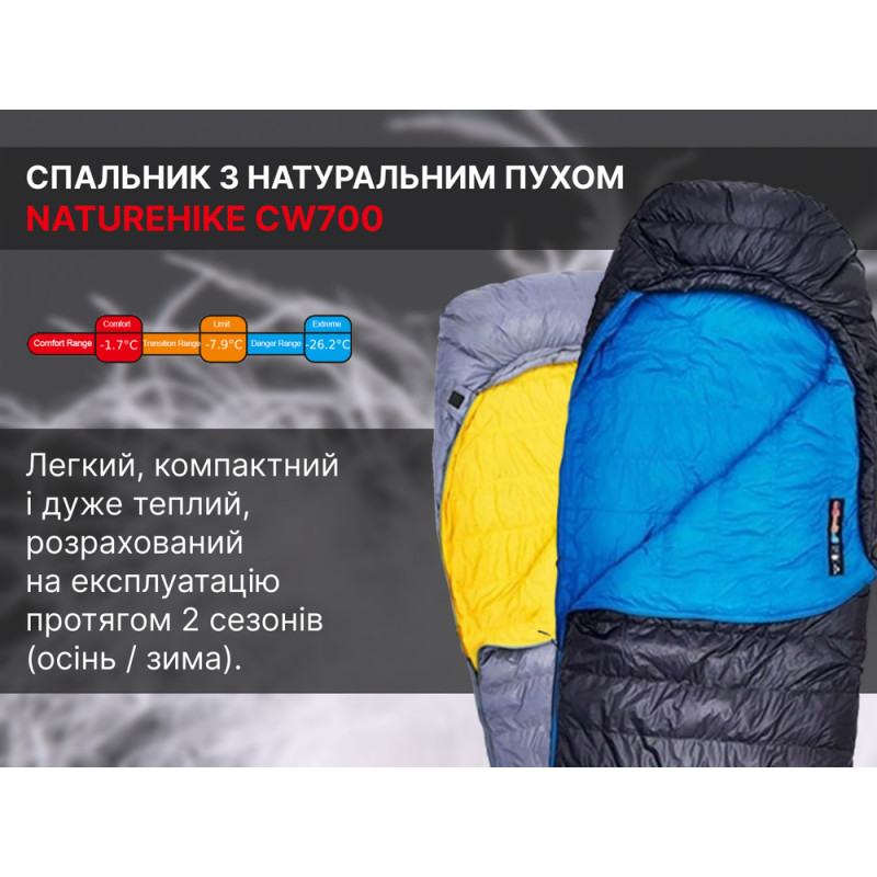 Спальник з натуральним пухом Naturehike CW700 CNK2450WS048, p-р M, жовто-сірий