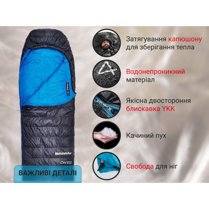 Спальник з натуральним пухом Naturehike CW700 CNK2450WS048, p-р M, жовто-сірий