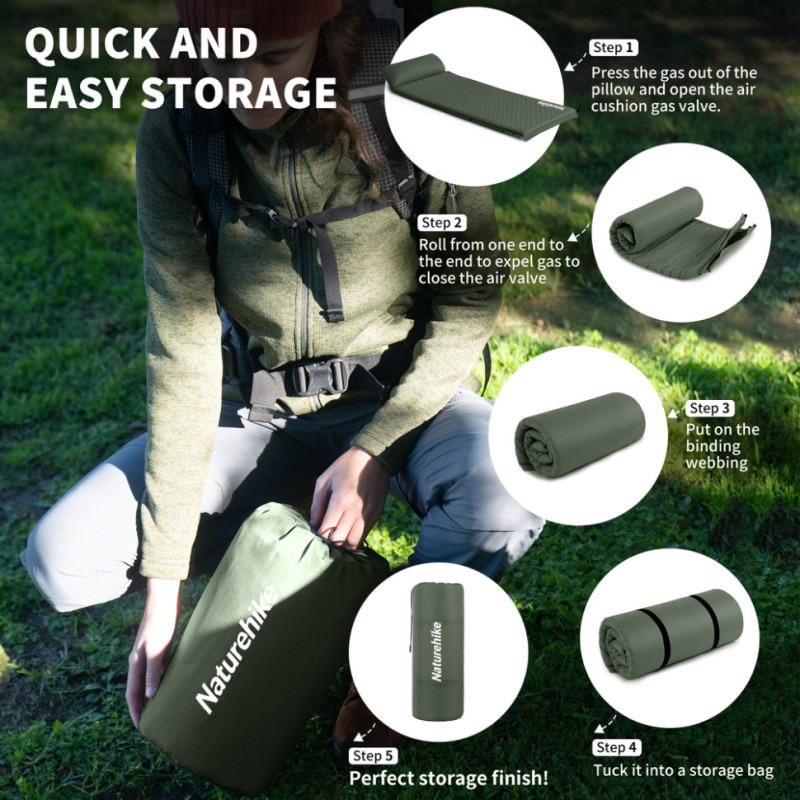 Матрац з подушкою ортопедичний одномісний Naturehike CNK2450WS020, самонадувний, 200х63х10 см, темно-зелений