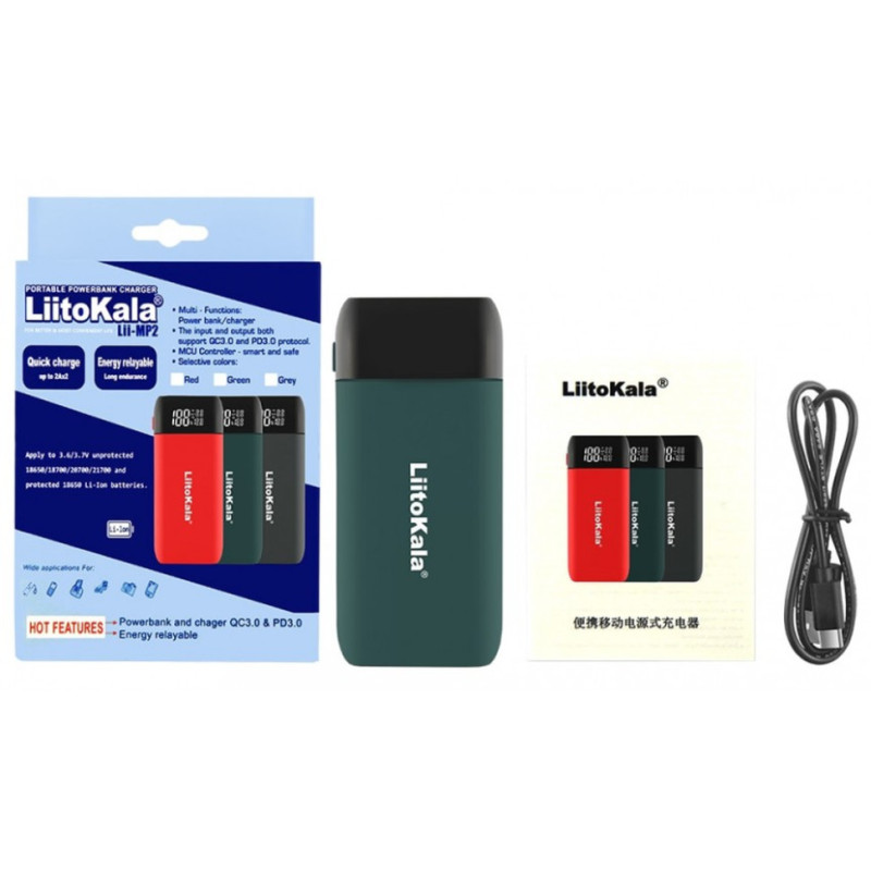 Зарядний пристрій-павербанк LiitoKala Lii-MP2 на 2 канали для акумуляторів, сірий