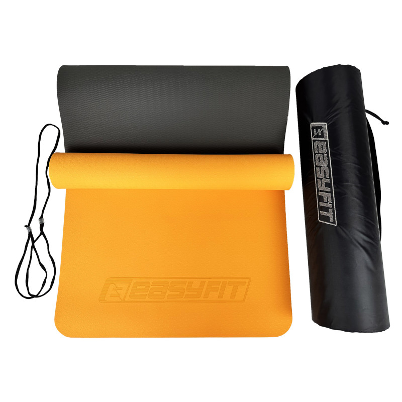 Двошаровий килимок EasyFit для пілатесу, фітнесу та йоги з чохлом, 183x61 см, товщина 6 мм, TPE/TC, ECO-Friendly, помаранчево-чорний