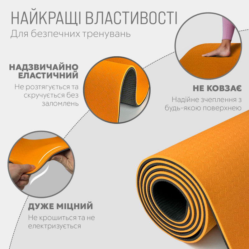 Двошаровий килимок EasyFit для пілатесу, фітнесу та йоги з чохлом, 183x61 см, товщина 6 мм, TPE/TC, ECO-Friendly, помаранчево-чорний