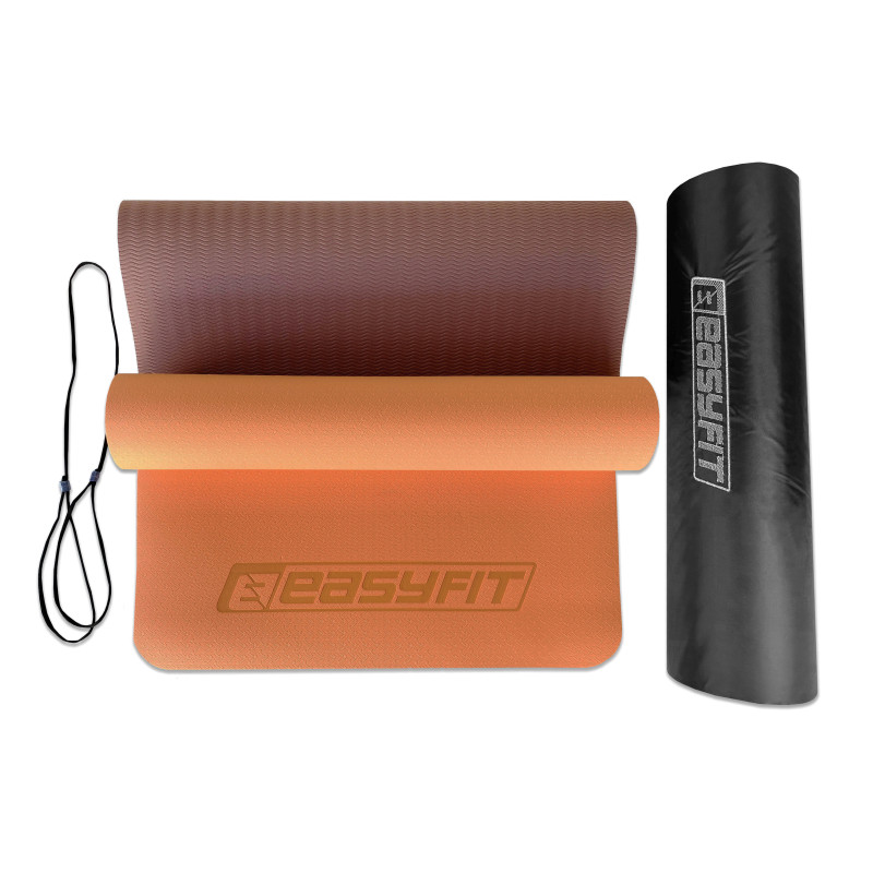 Двошаровий килимок EasyFit для пілатесу, фітнесу та йоги з чохлом, 183x61 см, товщина 6 мм, TPE/TC, ECO-Friendly, персиково-коричневий