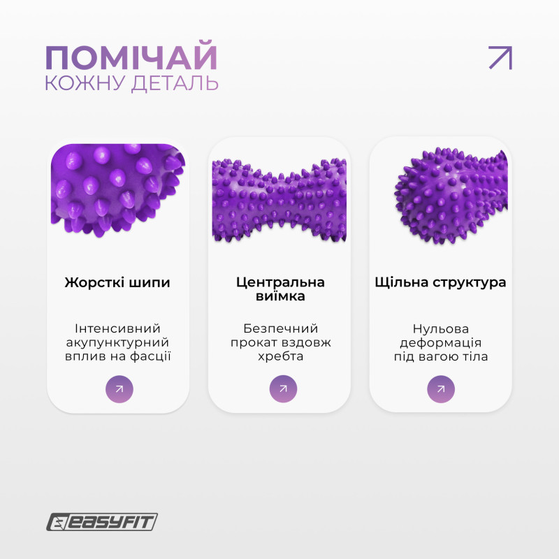 Масажний м'ячик EasyFit Goober з шипами, для МФР, зняття напруги та самомасажу, фіолетовий