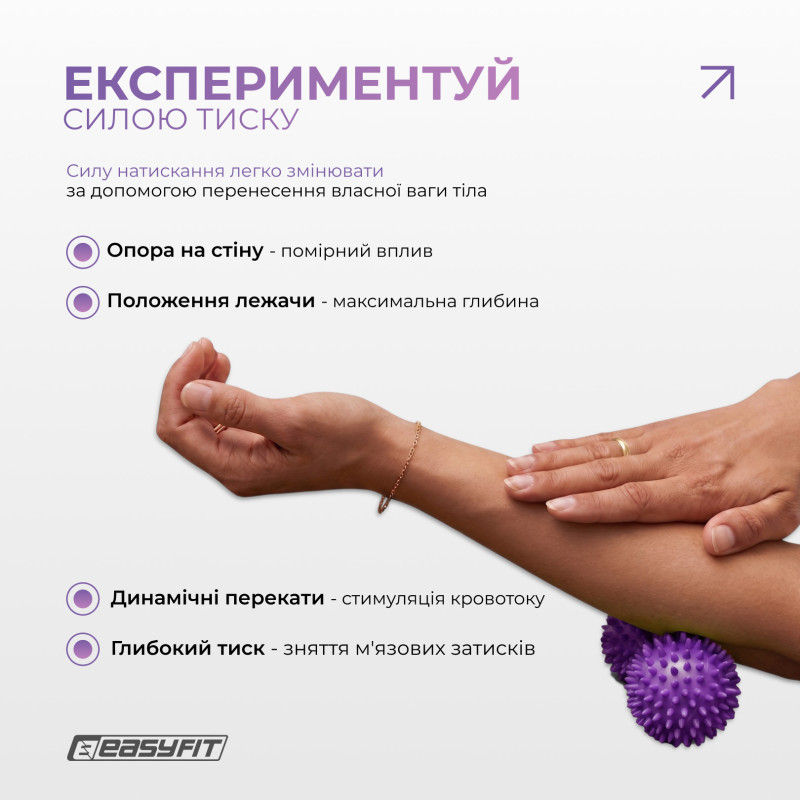 Масажний м'ячик EasyFit Goober з шипами, для МФР, зняття напруги та самомасажу, фіолетовий