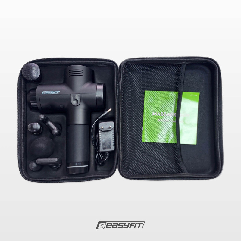 Масажний пістолет EasyFit Percussio з 6 насадками та чохлом (портативний перкусійний вібромасажер для тіла), чорний