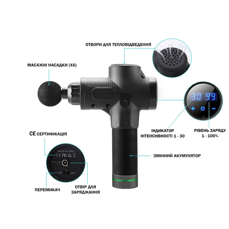 Массажный пистолет EasyFit Percussio с 6 насадками (портативный перкуссионный вибромассажер для тела), 30 режимов интенсивности, Сенсорный LED-дисплей, Черный, Для глубокого мышечного массажа, облегчения боли, восстановления после тренировок