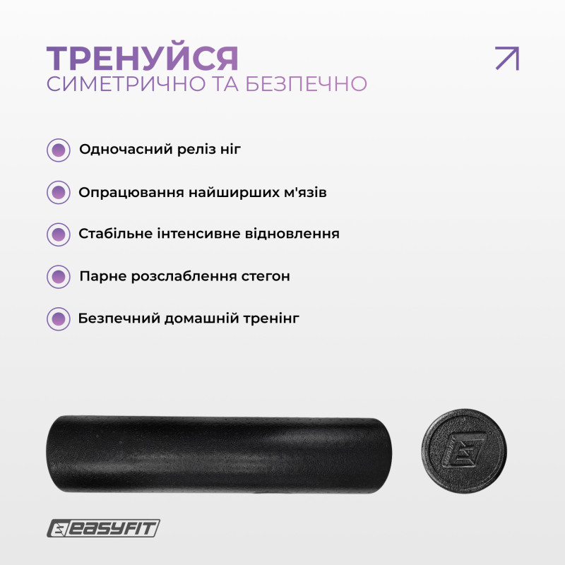 Масажний ролик (валик) EasyFit PolyFoam Roller, Довжина 60 см, Діаметр 14.5 см, EPP (спінений поліпропілен), для МФР, фітнесу, йоги та реабілітації, Чорний