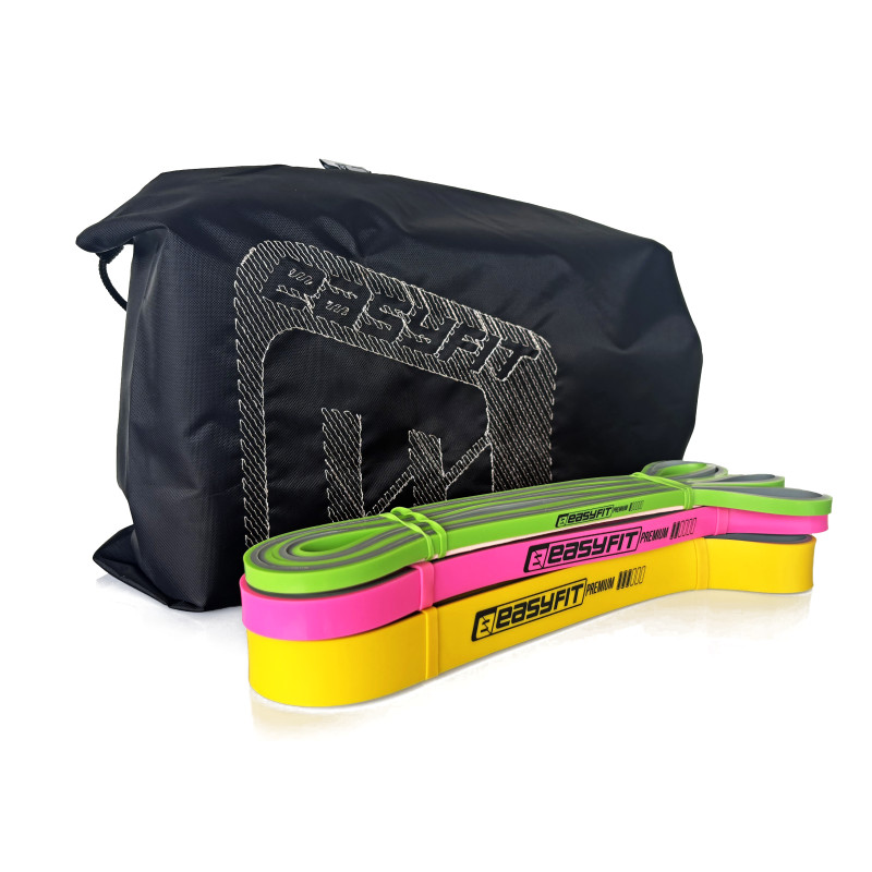 Двухслойные резинки (эспандеры) EasyFit Premium, набор 3 шт, сопротивление 2-32 кг, длина 200 см, ширина: 0,64 см, 1,3 см, 2,2 см, толщина 4,5 мм, латексная резина, розовый, желтый, оранжевый, для подтягиваний, силовых тренировок и реабилитации