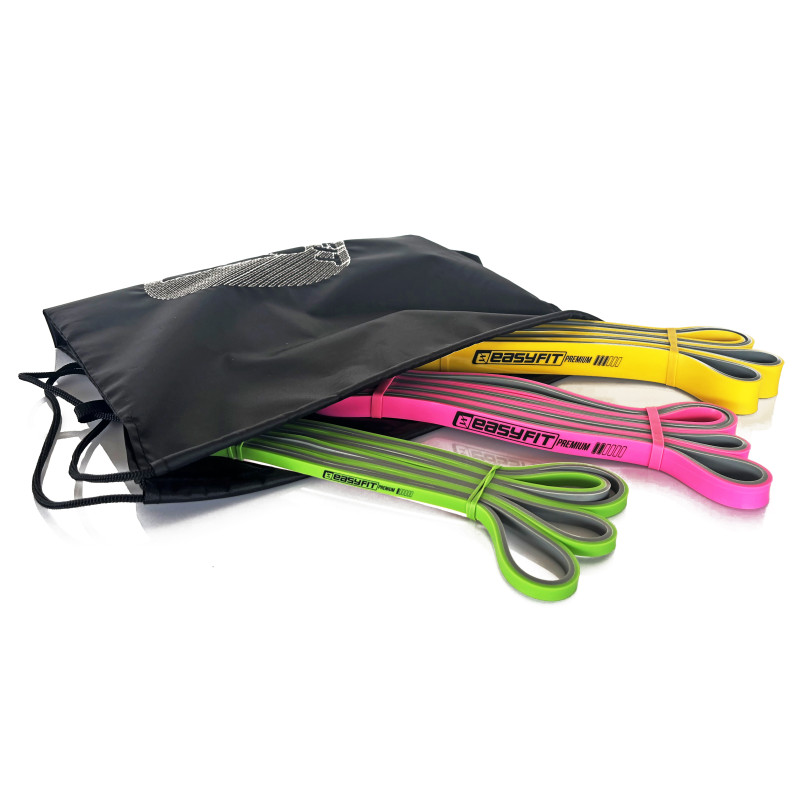 Двухслойные резинки (эспандеры) EasyFit Premium, набор 3 шт, сопротивление 2-32 кг, длина 200 см, ширина: 0,64 см, 1,3 см, 2,2 см, толщина 4,5 мм, латексная резина, розовый, желтый, оранжевый, для подтягиваний, силовых тренировок и реабилитации