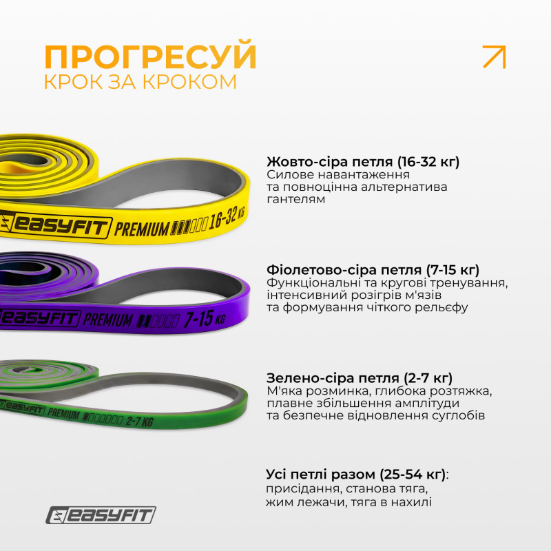 Набор резинок для подтягиваний и спорта EasyFit Premium (3 шт), Двухслойные, Сопротивление 2-32 кг, Длина 200 см, Ширина: 0,64 см, 1,3 см, 2,2 см, Толщина 4,5 мм, Латекс, Сумка для хранения