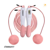 Бездротова скакалка EasyFit TwinRope з лічильником та обтяжувачами, Підрахунок стрибків, часу, калорій, Довжина 2,8 м, ABS+PC, Сталь, ПВХ, Біло-рожевий