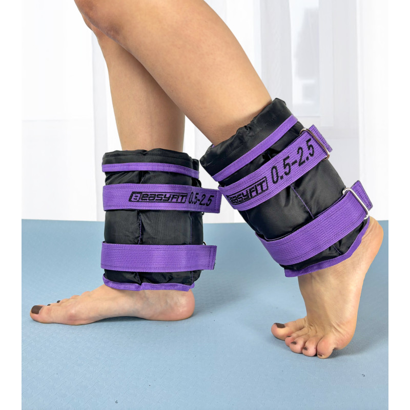 Утяжелители для ног и рук EasyFit наборные (пара), Вес 0,5-2,5 кг, Оксфорд с пропиткой, Песок, Черно-фиолетовый