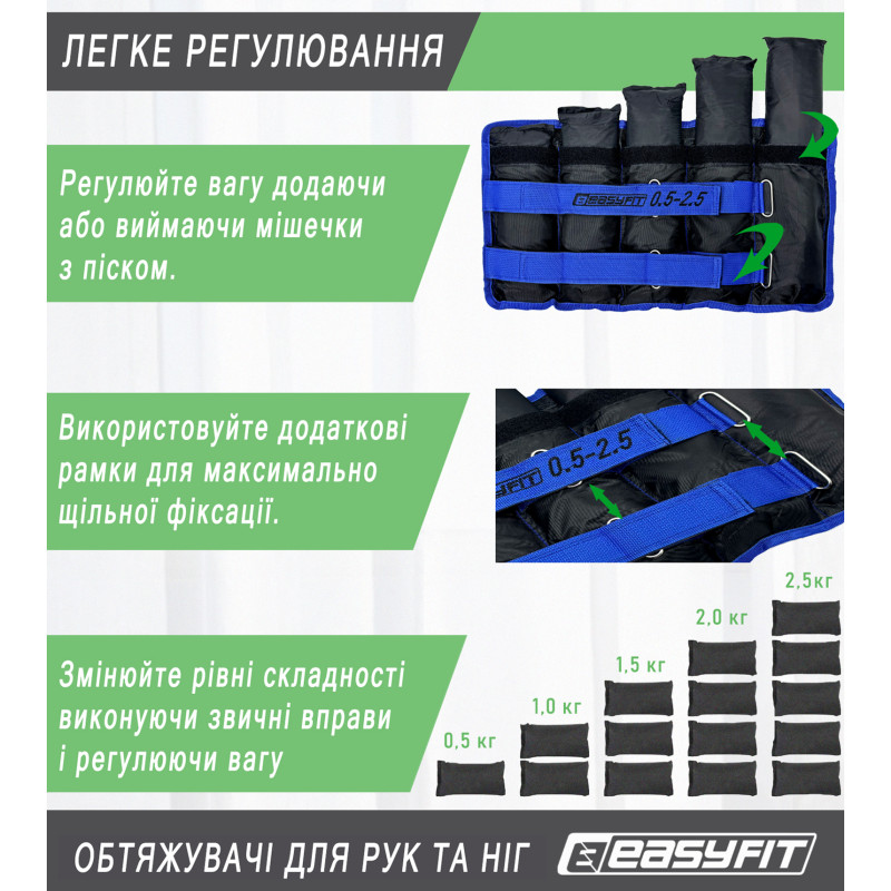 Обтяжувачі для ніг і рук EasyFit набірні (пара), Вага 0,5-2,5 кг, Оксфорд з пропиткою, Пісок, Чорно-синій