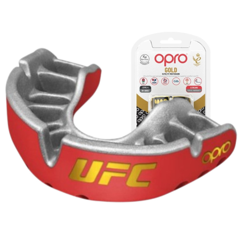 Капа OPRO Gold UFC взрослая (от 11 лет) Red/Silver, Двухслойная, Компрессионная клетка+гель Hi-Flow, Красный