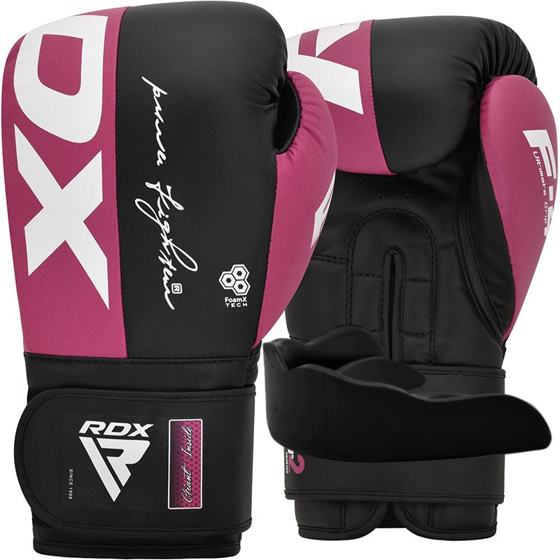 Боксерские перчатки RDX F4 Boxing Sparring Gloves Hook&Loop PINK/BLACK (капа в комплекте), 12 унций, Искусственная кожа Kalix Skin Mayahide, Черно-розовый