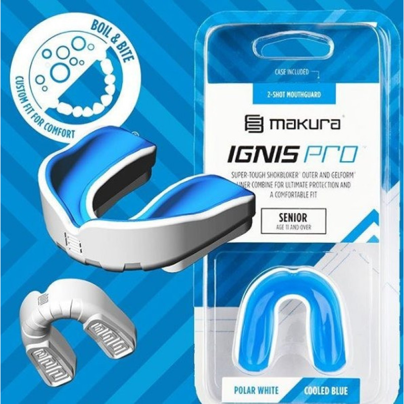 Капа MAKURA Ignis, Доросла (вік 11+) White/Blue, Посадка: BOIL & BITE™ (формується у гарячій воді), Термопластик, Біло-синій